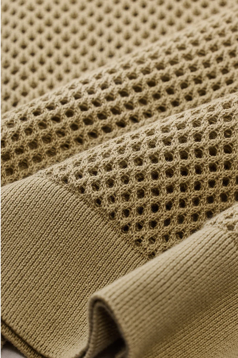 SNITCH Slim Fit Cotton Crochet Beige Polo T-Shirt