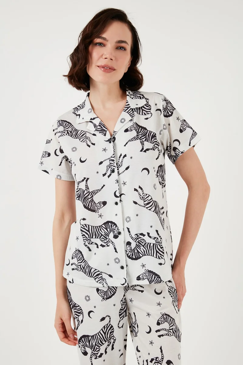 Lela Patterned Short Sleeve Elastic Waist Shirt Collar Woven Regular Fit Pajama Set Women's Pajama Set 6571010