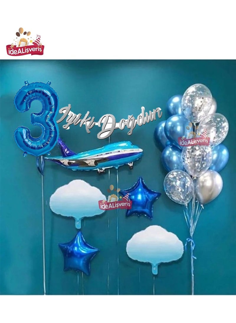 Store Sky Themed 3 Year Old Cloud Airplane Foil Balloon Silver Blue Birthday Party Set 