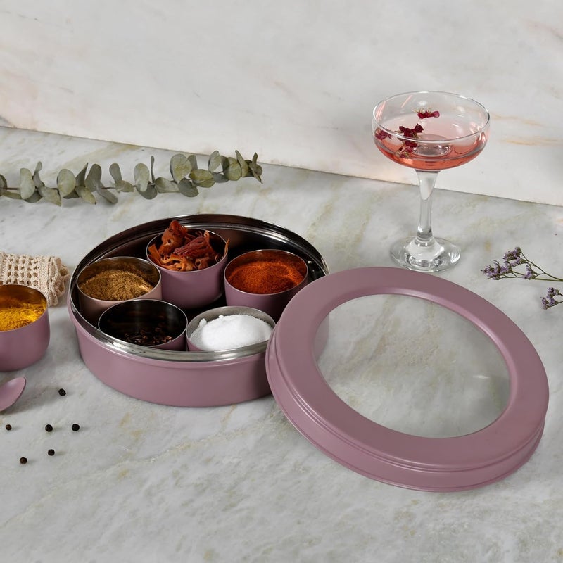 Elan 7 Compartment Multipurpose Tight Lid Stainless Steel See-Through Round Spice Box/Popula Dabba With Lid And Spoon | Masala box (Mauve) - Image 1