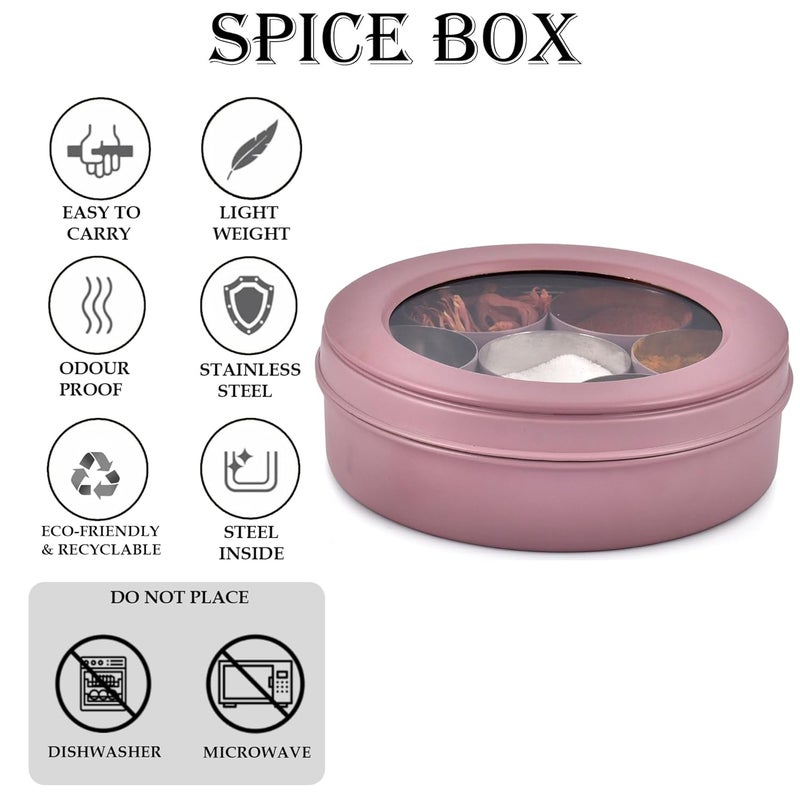 Elan 7 Compartment Multipurpose Tight Lid Stainless Steel See-Through Round Spice Box/Popula Dabba With Lid And Spoon | Masala box (Mauve) - Image 4