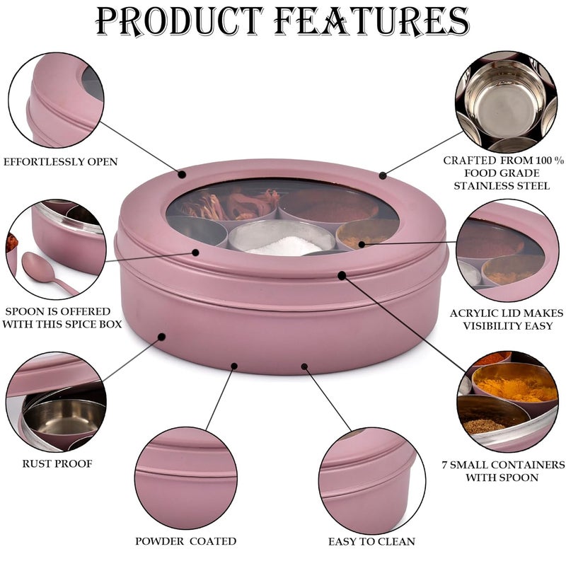 Elan 7 Compartment Multipurpose Tight Lid Stainless Steel See-Through Round Spice Box/Popula Dabba With Lid And Spoon | Masala box (Mauve) - Image 3