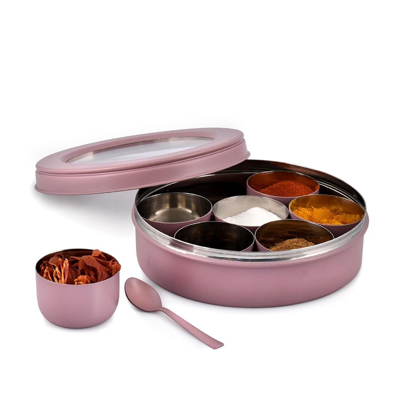 Elan 7 Compartment Multipurpose Tight Lid Stainless Steel See-Through Round Spice Box/Popula Dabba With Lid And Spoon | Masala box (Mauve) - Image 5
