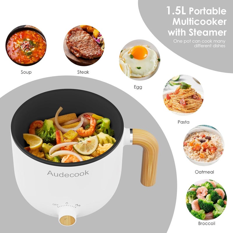 Audecook قدر كهربائي أوديكوك مع مبخرة، سعة 1.5 لتر، محمول، غير لاصق، متعدد الوظائف، قدر شابو، مقلاة كهربائية مع تحكم مزدوج في الطاقة لتحضير الرامن/المعكرونة/البيض/الحساء/الشوفان (أبيض) - Image 2