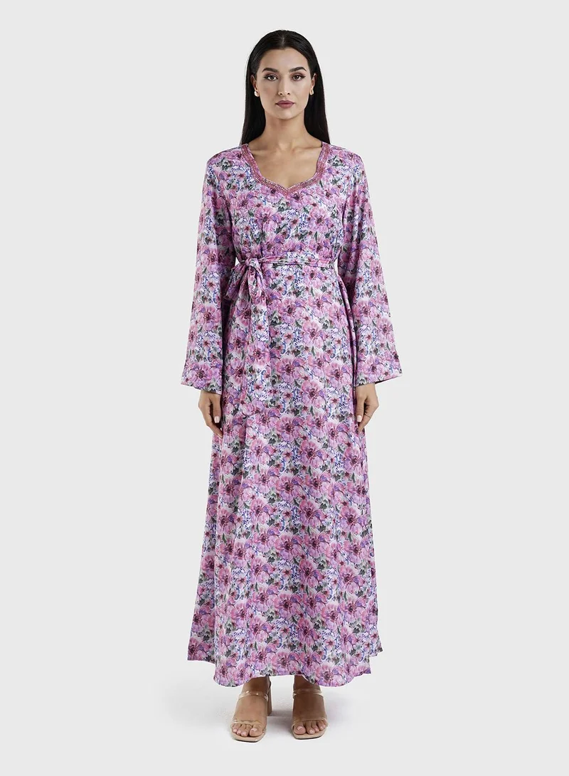 KASHKHA Crepe Pink Floral Print Dress with Handwork (VW207)