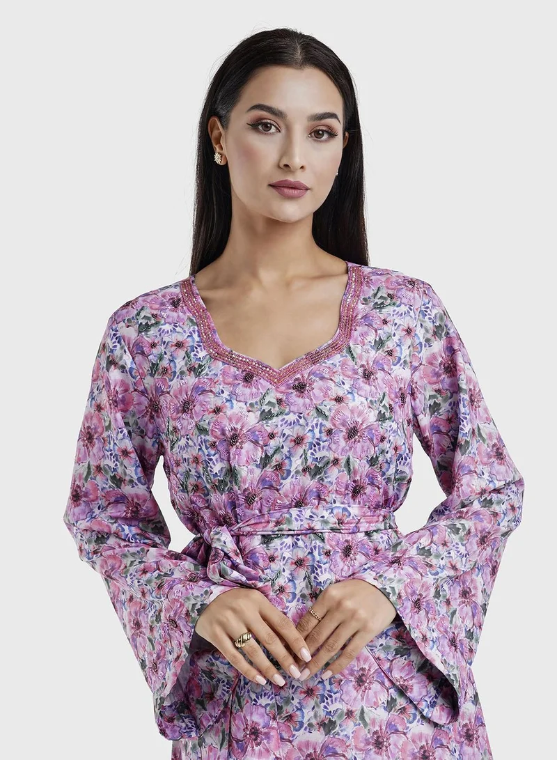 KASHKHA Crepe Pink Floral Print Dress with Handwork (VW207)