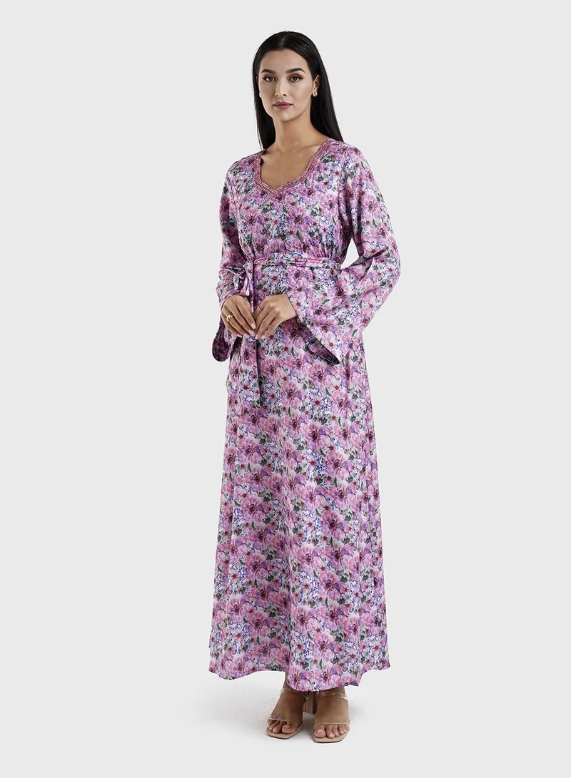 KASHKHA  Crepe Pink Floral Print Dress with Handwork (VW207) for Women | Best Price UAE