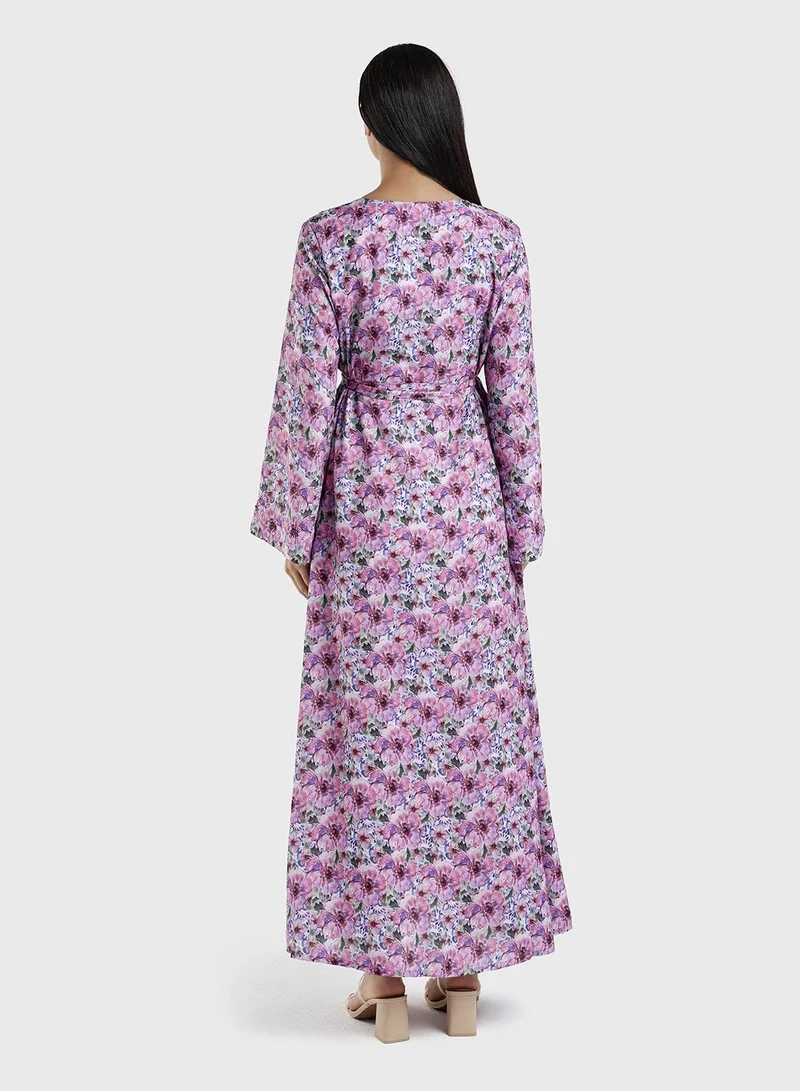 KASHKHA  Crepe Pink Floral Print Dress with Handwork (VW207) for Women | Best Price UAE