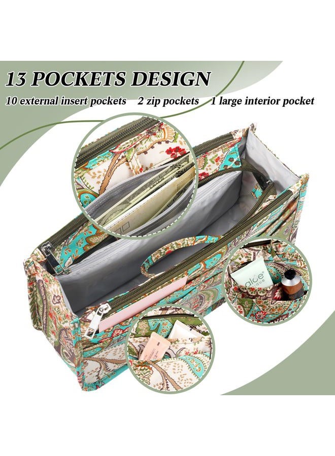 SilTriangle 2 Pcs Printing Handbag Organizers Peacock Flower Purse Tote Organizer Insert Liner Bag with 13 Pockets, High Capacity, for Women Tote, Handbag Organizer - Image 3