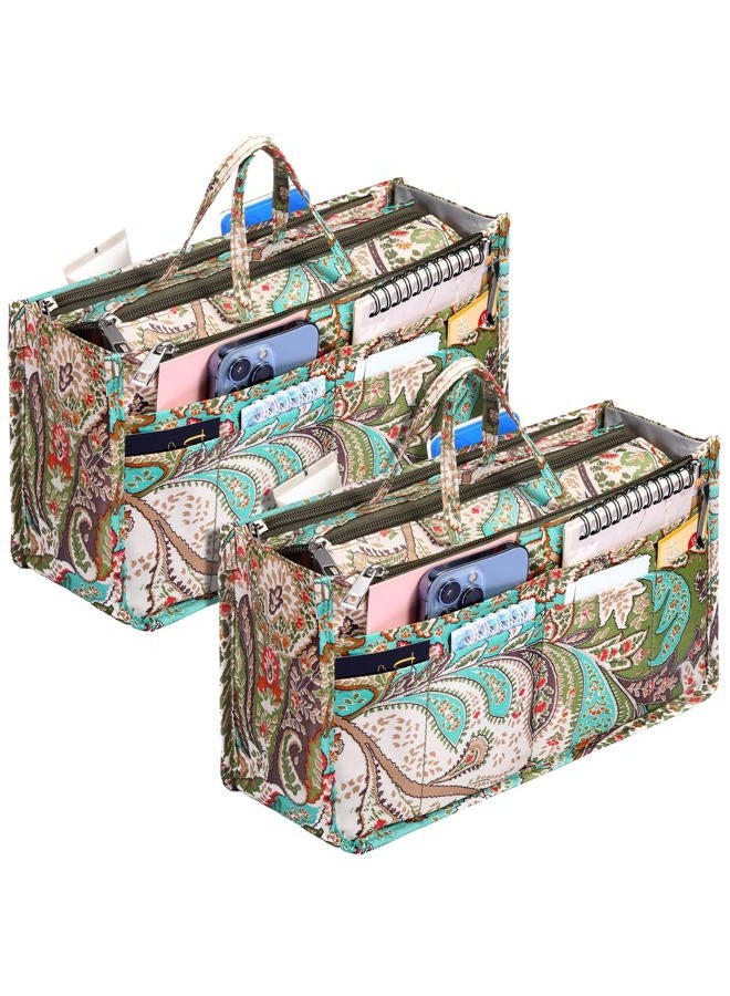 SilTriangle 2 Pcs Printing Handbag Organizers Peacock Flower Purse Tote Organizer Insert Liner Bag with 13 Pockets, High Capacity, for Women Tote, Handbag Organizer - Image 1
