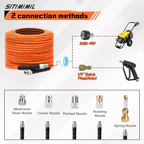 SITIMIMIL Sewer Jetter Kit for Pressure Washer 50FT,5800psi Drain Cleaner Hose 1/4 Inch Npt Corner, with 5 Sewer Jetting Nozzles Sealing Tape Pearl Corsage Pin Spanner Glove Drain Snake - Image 5