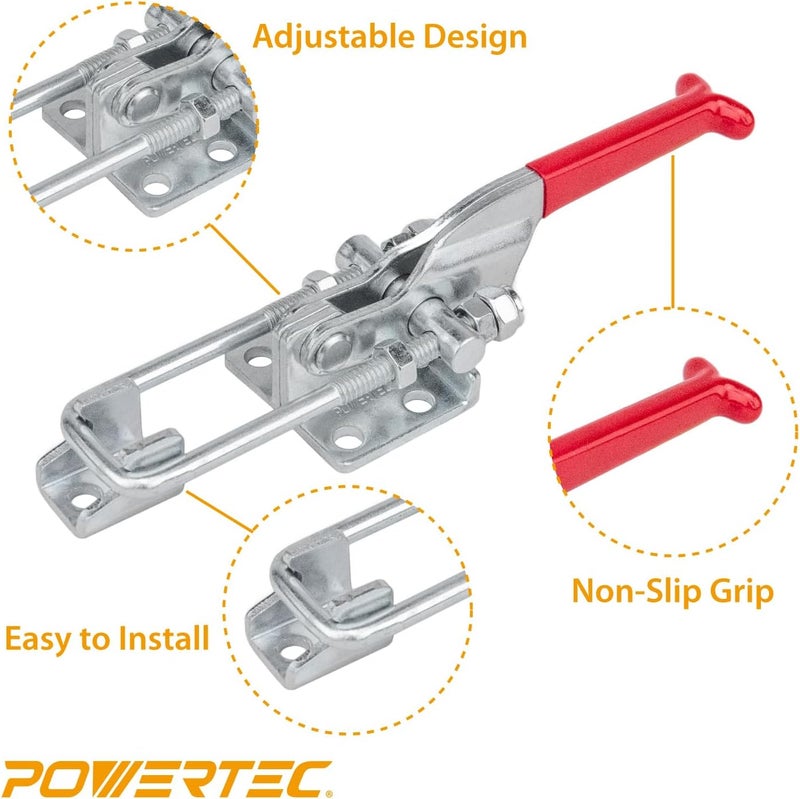 POWERTEC 4PK Toggle Clamp Set, 375 lbs & 700 lbs Holding Capacity, J Hook and Self-Lock U-Bolt Adjustable Latch for Smoker, Tool Box, Woodworking Jigs and Fixtures, Cabinet, Lids, Door, Truck (20345) - Image 5