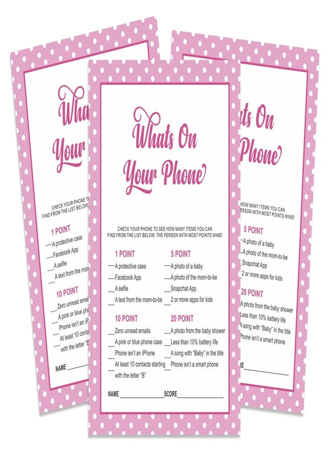 Inkdotpot Pack of 50, Girl Baby Shower Party Collection, What's On Your Phone Baby Shower Party Games, Activities, Decorations, Polka Dot & Bow Theme Party Supplies - Image 1