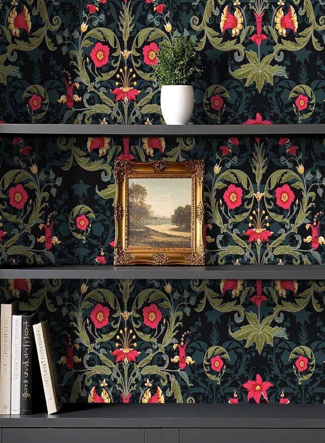 ReWallpaper ورق حائط ReWallpaper ذو الأزهار الداكنة قابل للإزالة وقابل للتقشير واللصق، بتصميم قوطي فيكتوري مودي، من ويليام موريس، ورق حائط ذاتي اللصق باللون الأسود والأحمر، ديكور نباتي لعيد الهالوين، رف خزانة المطبخ وغرفة النوم، 15.8 بوصة × 10 أقدام - Image 4