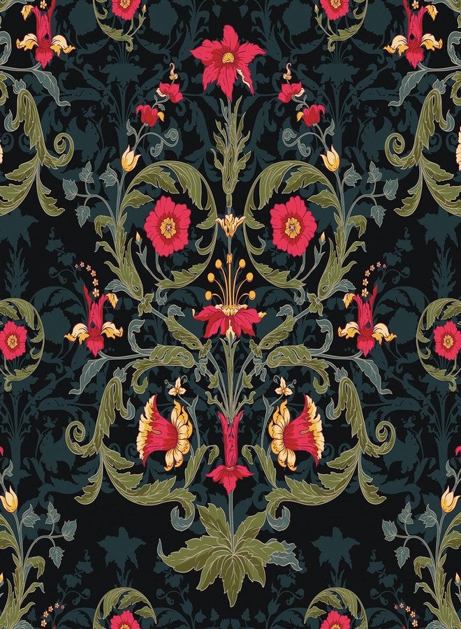 ReWallpaper ورق حائط ReWallpaper ذو الأزهار الداكنة قابل للإزالة وقابل للتقشير واللصق، بتصميم قوطي فيكتوري مودي، من ويليام موريس، ورق حائط ذاتي اللصق باللون الأسود والأحمر، ديكور نباتي لعيد الهالوين، رف خزانة المطبخ وغرفة النوم، 15.8 بوصة × 10 أقدام - Image 1