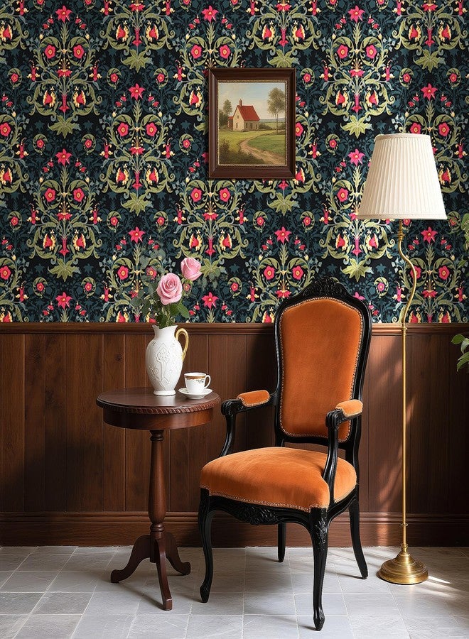 ReWallpaper ورق حائط ReWallpaper ذو الأزهار الداكنة قابل للإزالة وقابل للتقشير واللصق، بتصميم قوطي فيكتوري مودي، من ويليام موريس، ورق حائط ذاتي اللصق باللون الأسود والأحمر، ديكور نباتي لعيد الهالوين، رف خزانة المطبخ وغرفة النوم، 15.8 بوصة × 10 أقدام - Image 3