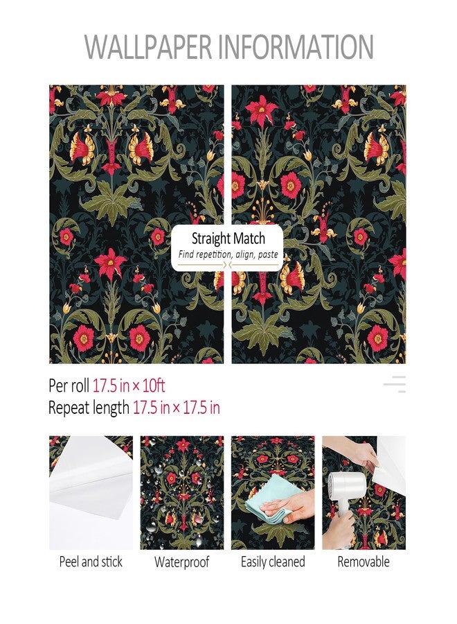 ReWallpaper ورق حائط ReWallpaper ذو الأزهار الداكنة قابل للإزالة وقابل للتقشير واللصق، بتصميم قوطي فيكتوري مودي، من ويليام موريس، ورق حائط ذاتي اللصق باللون الأسود والأحمر، ديكور نباتي لعيد الهالوين، رف خزانة المطبخ وغرفة النوم، 15.8 بوصة × 10 أقدام - Image 5
