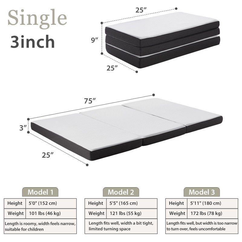 HUEIFY Tri Fold Memory Foam Foldable Mattress Single, 3 inch Folding Mattress for Guest Sleep. Portable Trifold Mat with Removable Washable Cover, Floor Sleeping Mat for Adult and Kid - Image 3