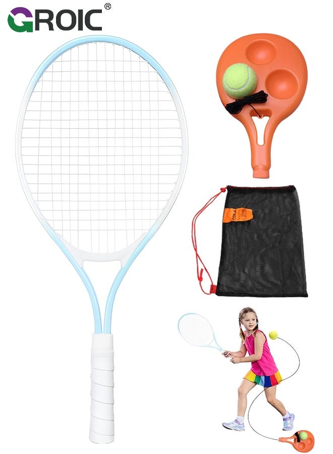 GROIC Kids Tennis Racket, 21-Inch Lightweight Racket in Sky Blue with White Grip, Solo Tennis Trainer with Ball and Mesh Carry Bag, Ideal for Kids Ages 6-12, Beginner-Friendly Tennis Kit, Tennis Trainer Set for Kids - Image 1