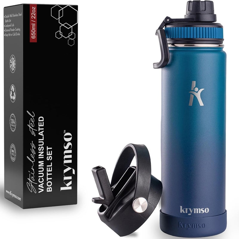 KRYMSO Stainless Steel Water Bottle 650ml – Insulated Sports Thermos Flask for Hot & Cold Drinks – Leakproof, Durable, BPA-Free – Ideal for Gym, Travel, Hiking (Petrol Blue) - Image 1