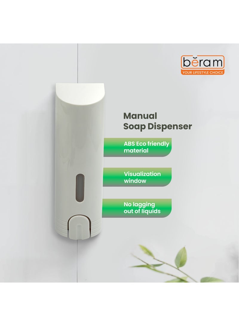 بيرام موزع صابون يدوي مثبت على الحائط من بيرام، سعة 400 مل، موزع صابون يعمل بالضغط للحمام والمطبخ والفندق، صابون سائل لليدين من مادة ABS مطلي بالكروم، شامبو، حامل معقم، حجرة واحدة قابلة لإعادة التعبئة - أبيض - Image 3