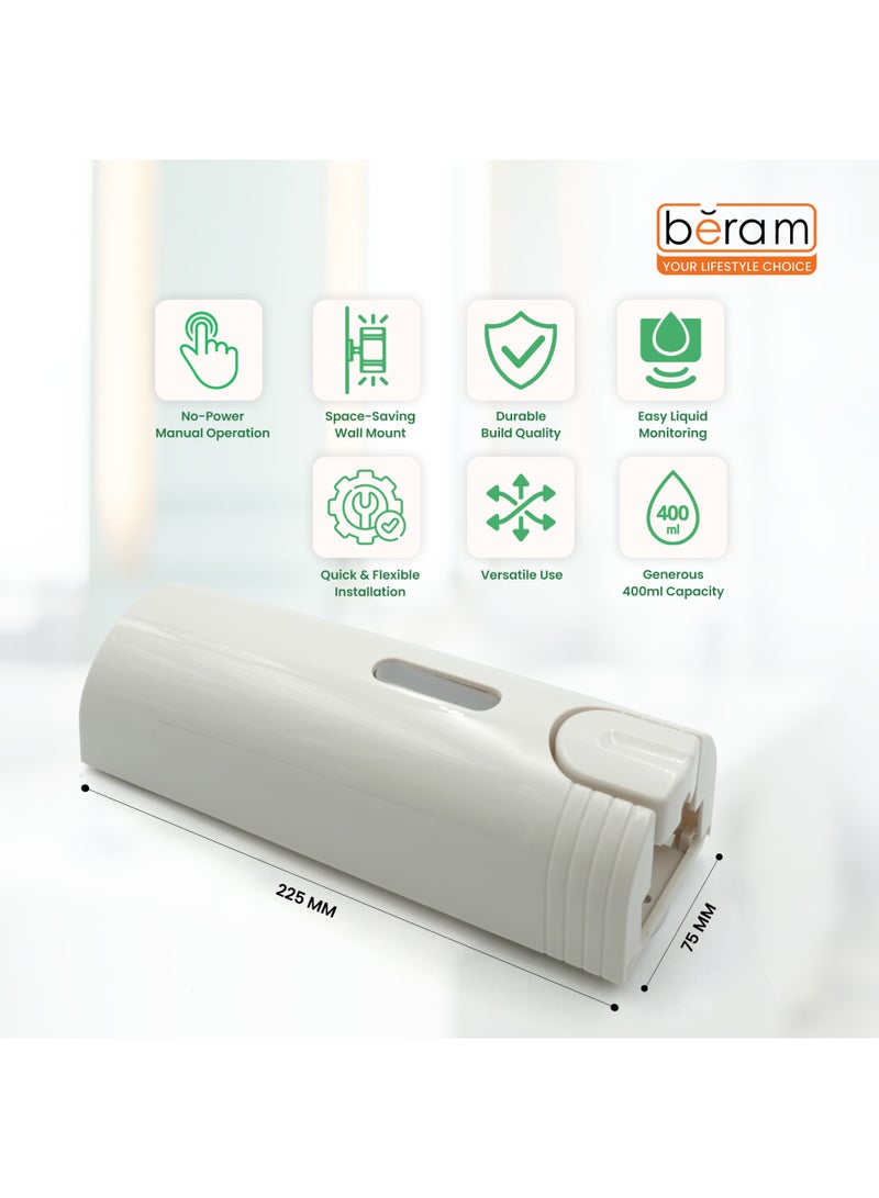 بيرام موزع صابون يدوي مثبت على الحائط من بيرام، سعة 400 مل، موزع صابون يعمل بالضغط للحمام والمطبخ والفندق، صابون سائل لليدين من مادة ABS مطلي بالكروم، شامبو، حامل معقم، حجرة واحدة قابلة لإعادة التعبئة - أبيض - Image 2