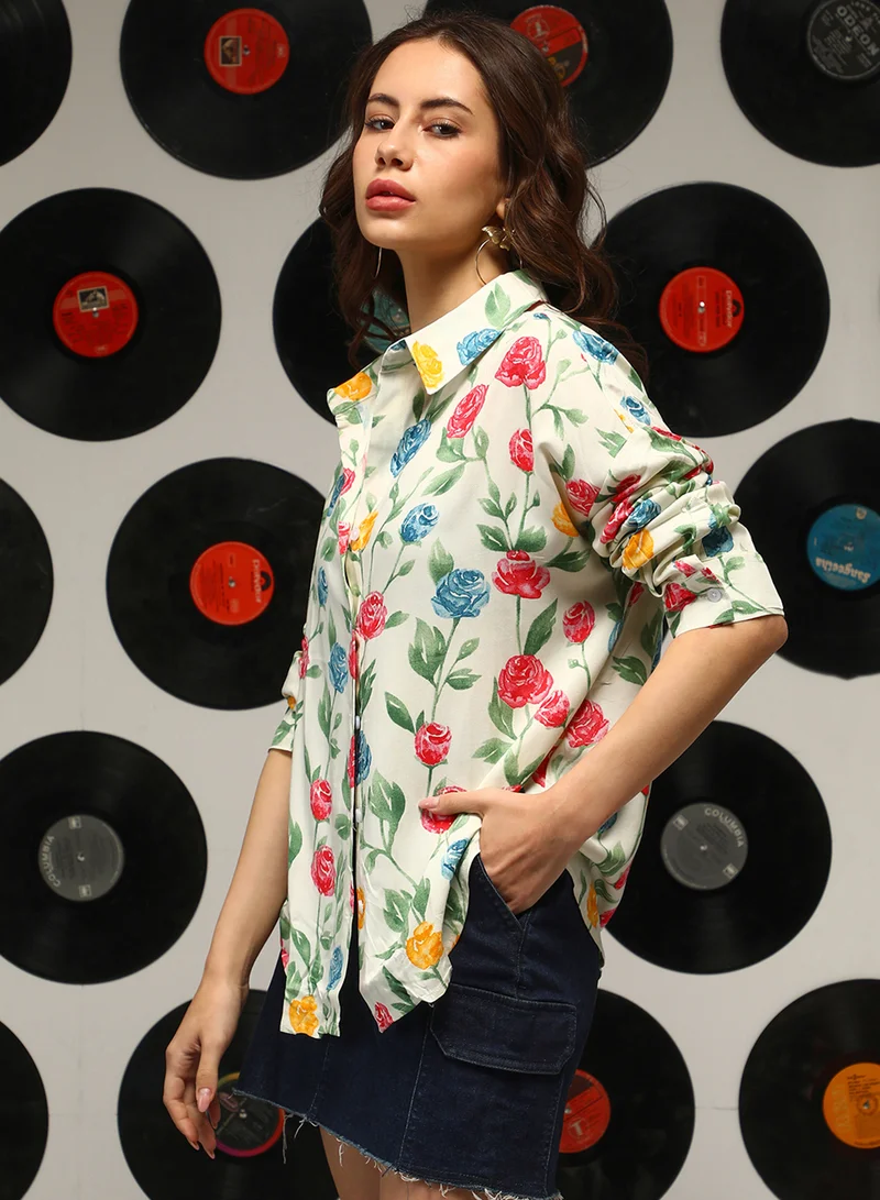 Campus Sutra Women's Pale Yellow Rose Garden Oversized Shirt