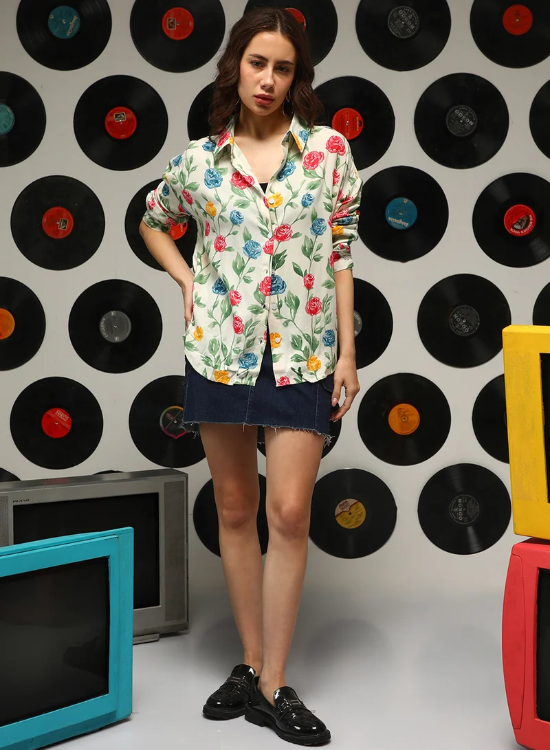 Campus Sutra Women's Pale Yellow Rose Garden Oversized Shirt