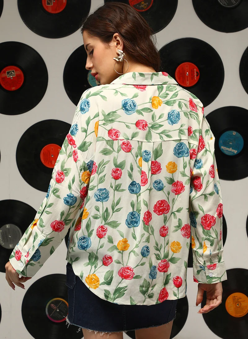 Campus Sutra Women's Pale Yellow Rose Garden Oversized Shirt