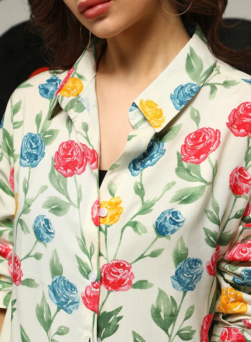 Campus Sutra Women's Pale Yellow Rose Garden Oversized Shirt