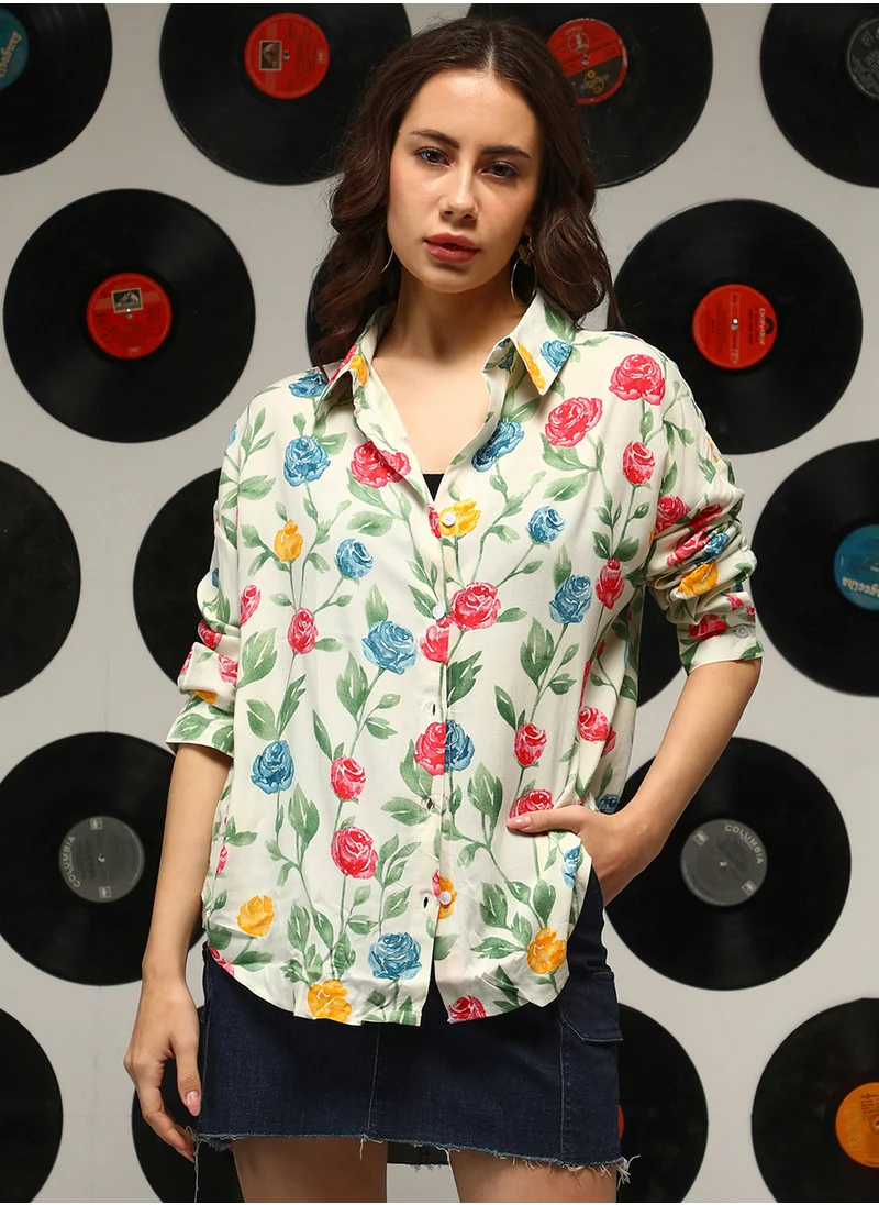 Campus Sutra Women's Pale Yellow Rose Garden Oversized Shirt