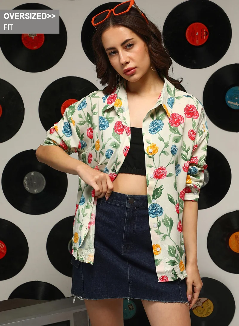 Campus Sutra Campus Sutra Women's Pale Yellow Rose Garden Oversized Shirt For Casual Wear | Spread Collar | Long Sleeves | Button Closure | Oversized Shirt Crafted With Comfort Fit For Everyday Wear