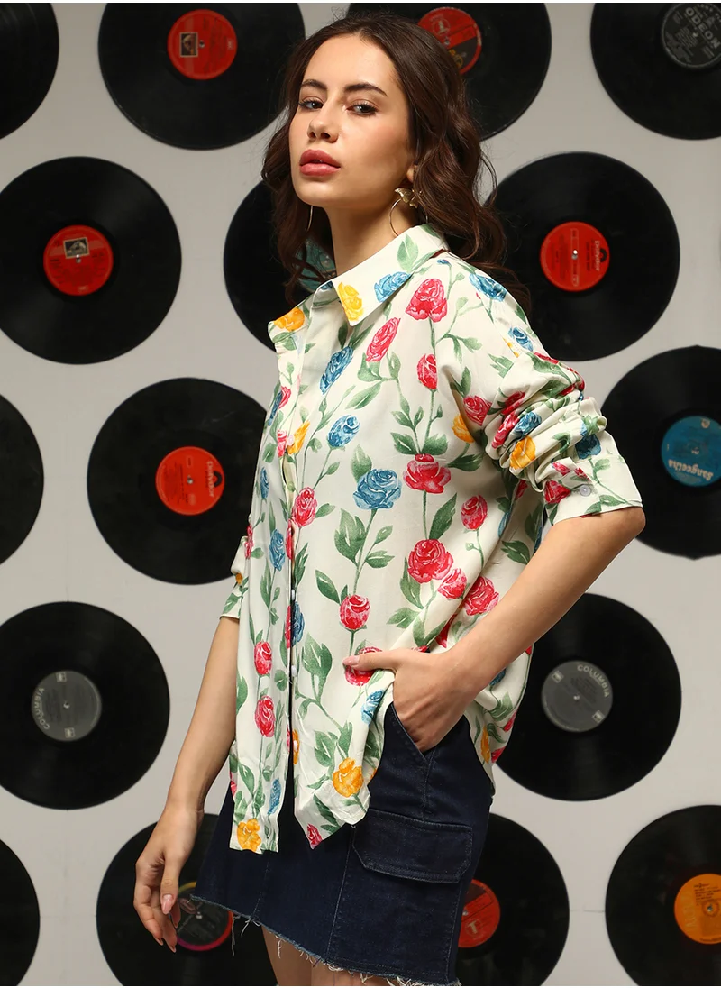 Campus Sutra Women's Pale Yellow Rose Garden Oversized Shirt