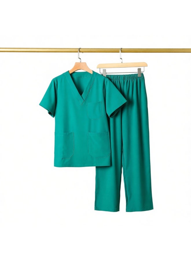 Loquat Womens V-Neck Scrubs Set Short Sleeves Top & Pants Soft Fabric Medical Nursing Uniform Dark Green - Image 1
