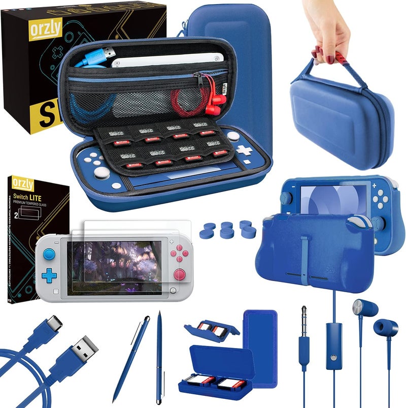 اورزلي حزمة إكسسوارات Switch Lite - هيكل واقي لشاشة لجهاز Nintendo Switch Lite، كابل USB، حامل ألعاب، هيكل مريح للإمساك، سماعات، حزمة لمساعدة الإمساك بالإبهام والمزيد (لون أزرق جديد) - Image 1