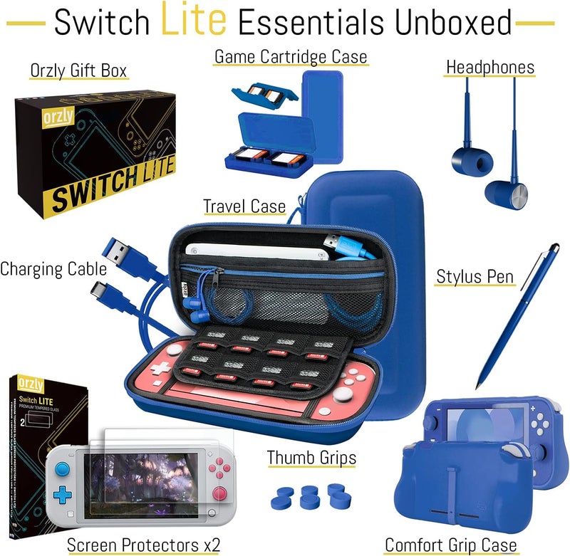 اورزلي حزمة إكسسوارات Switch Lite - هيكل واقي لشاشة لجهاز Nintendo Switch Lite، كابل USB، حامل ألعاب، هيكل مريح للإمساك، سماعات، حزمة لمساعدة الإمساك بالإبهام والمزيد (لون أزرق جديد) - Image 4