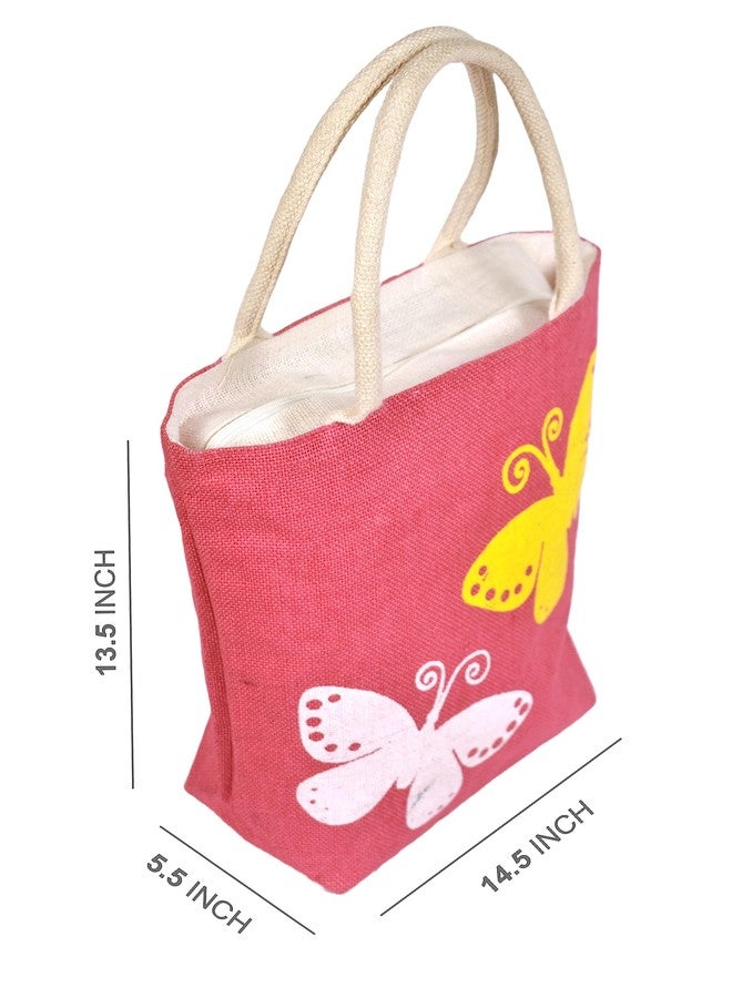Daffodil Jute Bags Handcrafted Butterfly Print Tote Bag | Mulipurpose Durable Jute Handbag for Men & Women (Pink) - Image 3