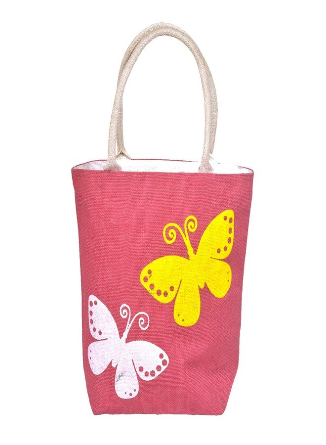 Daffodil Jute Bags Handcrafted Butterfly Print Tote Bag | Mulipurpose Durable Jute Handbag for Men & Women (Pink) - Image 1