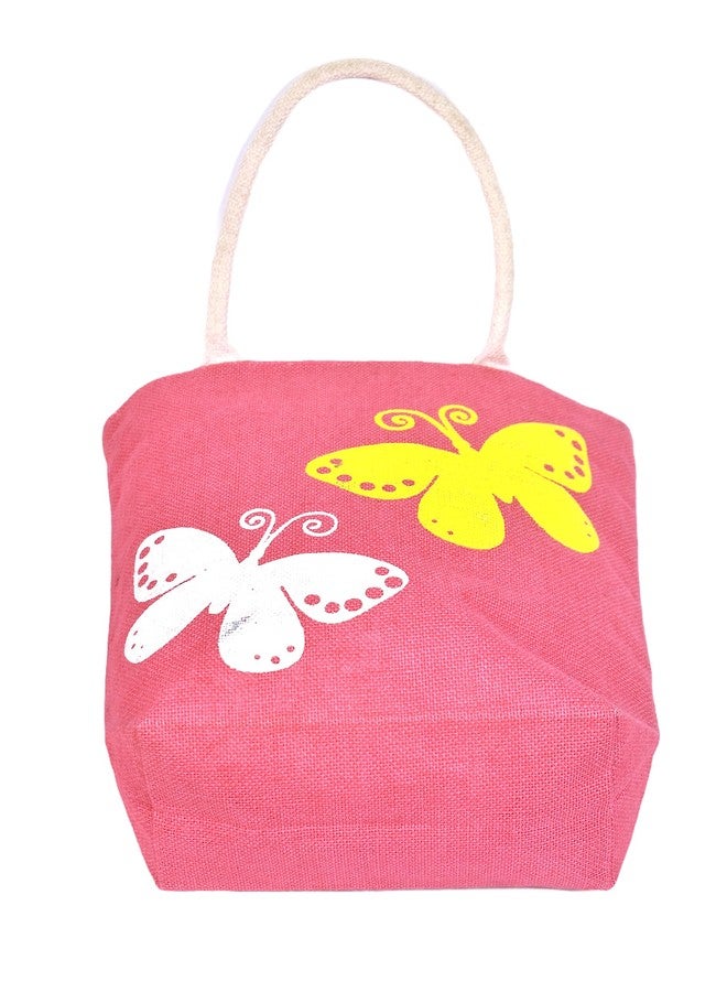 Daffodil Jute Bags Handcrafted Butterfly Print Tote Bag | Mulipurpose Durable Jute Handbag for Men & Women (Pink) - Image 5