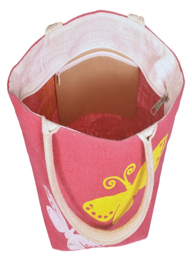 Daffodil Jute Bags Handcrafted Butterfly Print Tote Bag | Mulipurpose Durable Jute Handbag for Men & Women (Pink) - Image 4