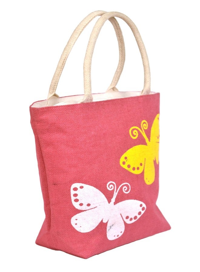 Daffodil Jute Bags Handcrafted Butterfly Print Tote Bag | Mulipurpose Durable Jute Handbag for Men & Women (Pink) - Image 2