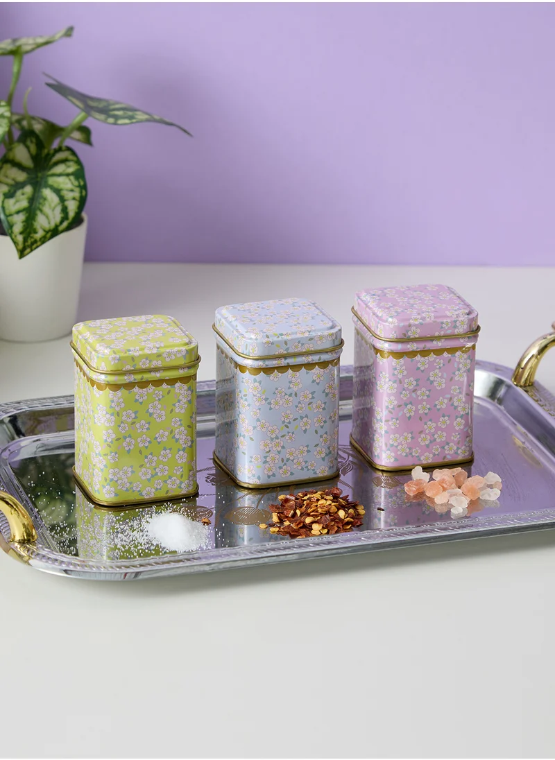 Rice Tin Spice Jar With Dusty Mint Small Flower Print