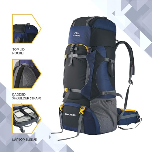 TRAWOC Aerolink 60L Trekking Backpack for Men & Women | Travel Rucksack with Laptop Sleeve, Rain-Cover, Padded Hip Belt & YKK Zippers | Camping Hiking Bag | 3 Year Warranty - Black - Image 5