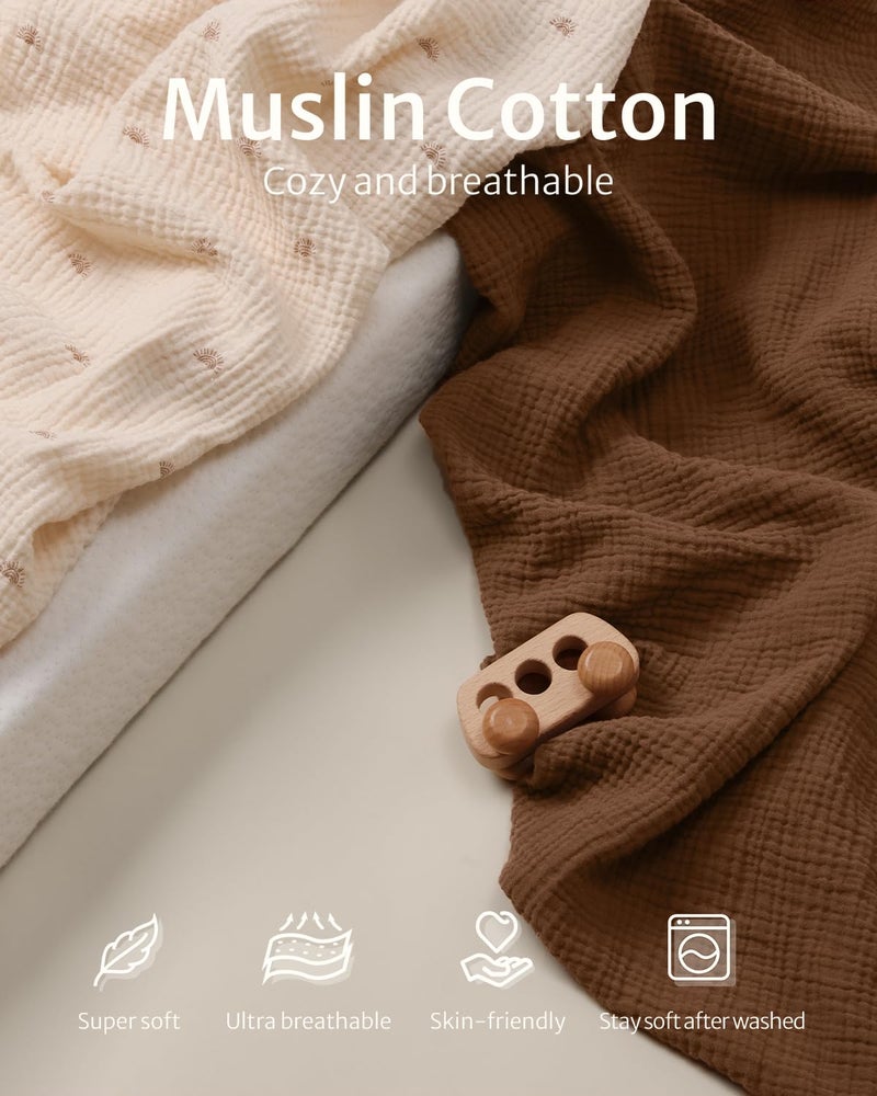 Blissful Diary أوراق سرير موسلين يوميات السعادة للبنات والأولاد، قطن ناعم بتصميم بوهيمي محايد لمرتبة سرير الأطفال القياسية 52''x28''، عبوة من 2 (شمسية وبنية) - Image 2