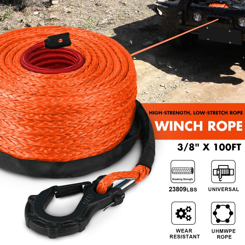 STEGODON STEGODON 3/8" x 100ft Synthetic Winch Rope 23,809lbs Dyneema Winch Cable Line with Hook and Sleeve Protection Car Tow Recovery Cable for 4WD Off Road Vehicle Jeep SUV Truck(Orange) - Image 2