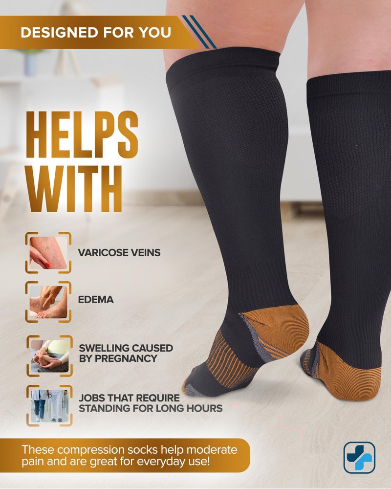 Doctor's Select Copper Plus Size Compression Socks Wide Calf - 2 Pairs | 20-30mmHg Extra Wide Calf Compression Socks Women Copper for Swelling, Varicose Veins | Black - Image 4