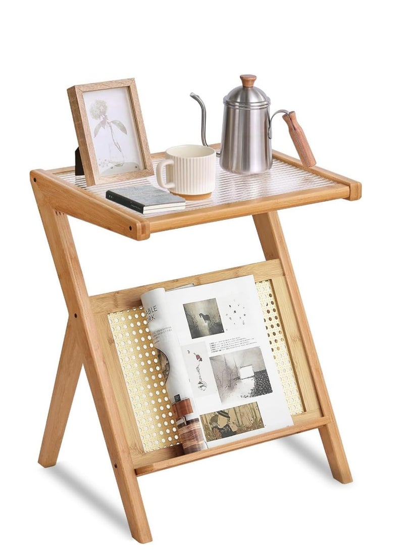 Generic FFD Multi-Functional Narrow End Table with Rattan Shelf – Compact L-Shaped Side Table with Corrugated Glass, Rustic Finish – Ideal for Bedroom, Living Room, or Office (45×37×56 cm)  - Image 1