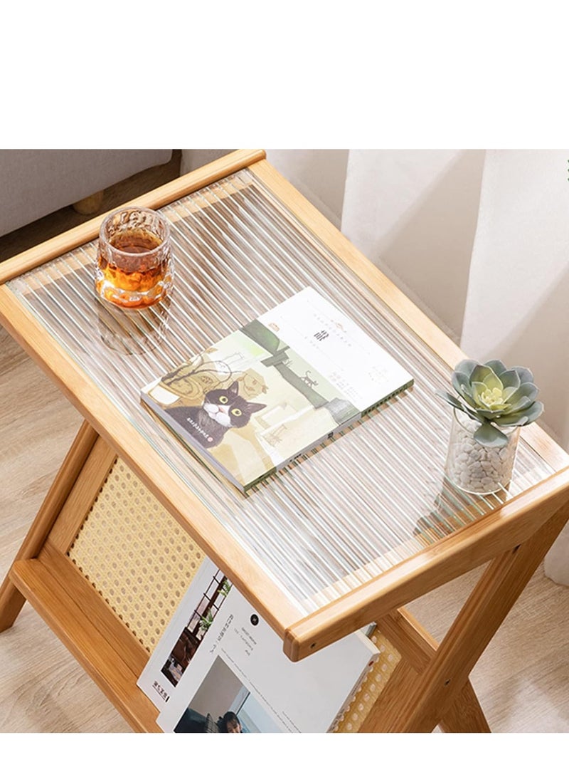 Generic FFD Multi-Functional Narrow End Table with Rattan Shelf – Compact L-Shaped Side Table with Corrugated Glass, Rustic Finish – Ideal for Bedroom, Living Room, or Office (45×37×56 cm)  - Image 4