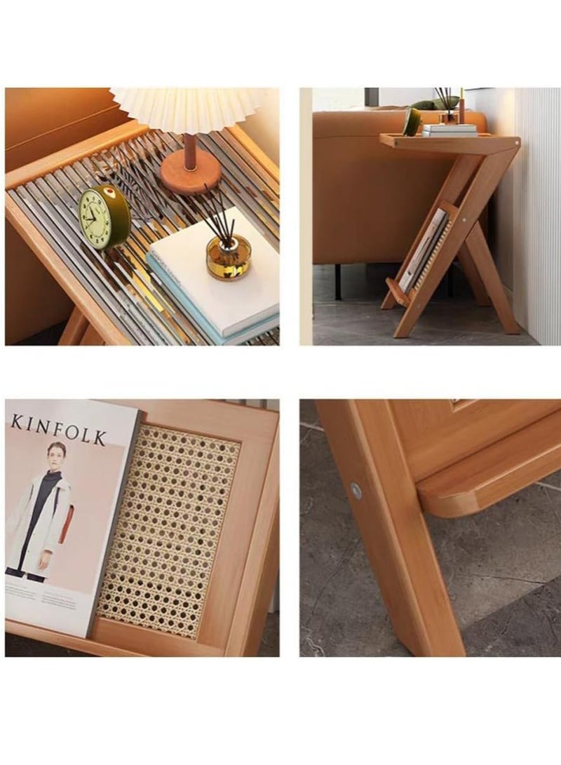 Generic FFD Multi-Functional Narrow End Table with Rattan Shelf – Compact L-Shaped Side Table with Corrugated Glass, Rustic Finish – Ideal for Bedroom, Living Room, or Office (45×37×56 cm)  - Image 3