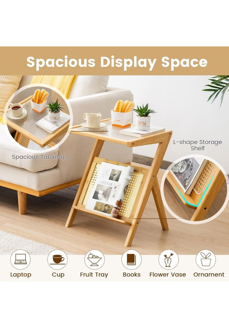 Generic FFD Multi-Functional Narrow End Table with Rattan Shelf – Compact L-Shaped Side Table with Corrugated Glass, Rustic Finish – Ideal for Bedroom, Living Room, or Office (45×37×56 cm)  - Image 5